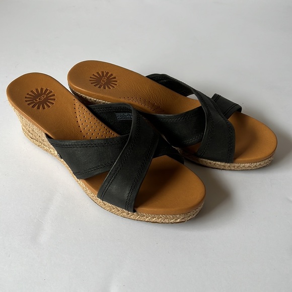 Ugg Sandal Black Leather Wedge New 6 - Picture 4 of 12